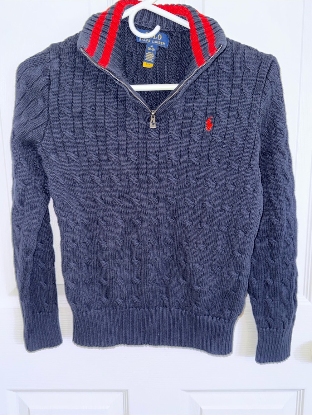 Boys Polo by Ralph Lauren Navy Cable-Knit Half-Zip Sweater with Red Trim